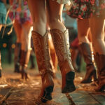 Close-up view of women's legs wearing stylish cowboy boots, dancing on a wooden floor at a lively outdoor event.