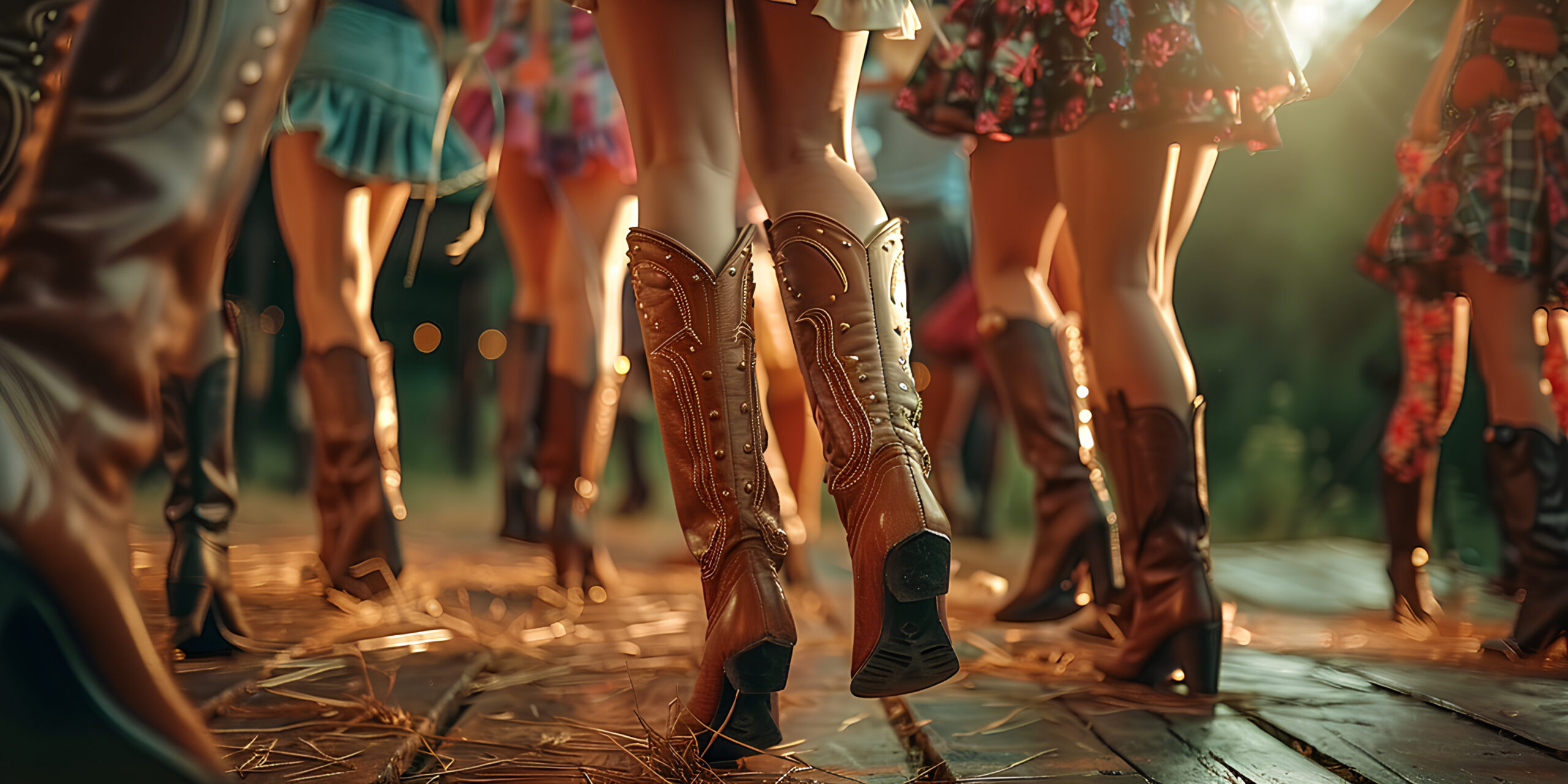 Close-up view of women's legs wearing stylish cowboy boots, dancing on a wooden floor at a lively outdoor event.