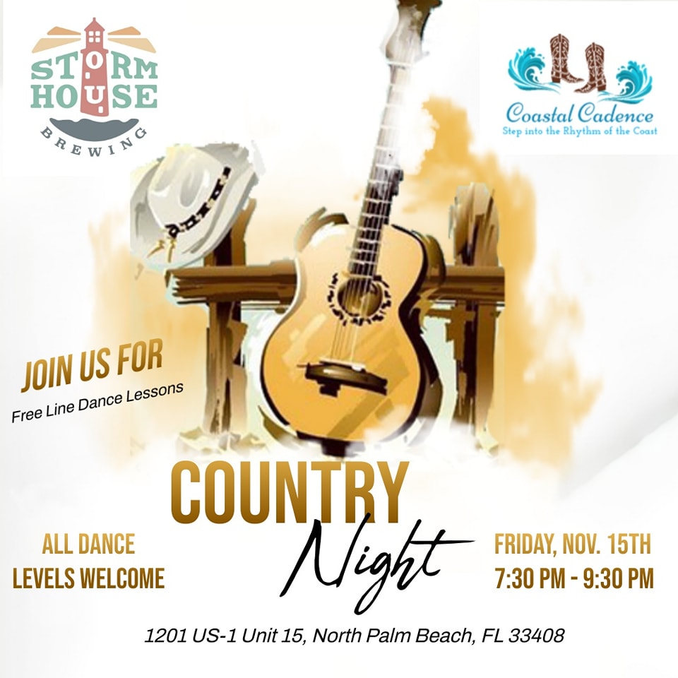 Flyer for a Country Night event featuring free line dance lessons at Storm House Brewing, with a guitar and cowboy hat illustration.