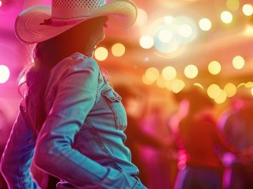 closeup photo of a cowgirl doing a country line dance in a brightly lit western-themed dance hall, vivid color, Canon R7 --ar 2:1 Job ID: 4347acf6-e56c-4143-885b-329c5a644a40