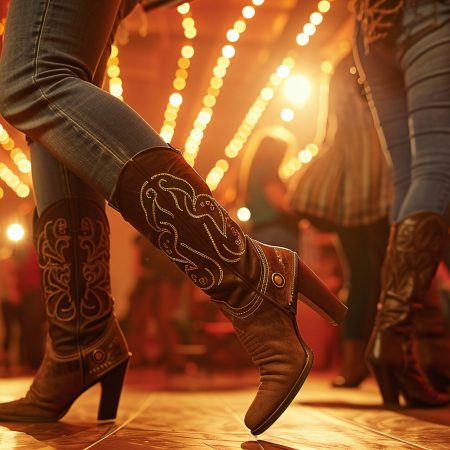 Close-up of people's legs in cowboy boots dancing in a lively, warmly lit setting with string lights overhead.