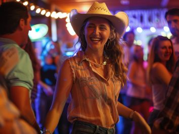 Smiling woman in a cowboy hat dancing and enjoying herself in a lively, colorful dance hall.