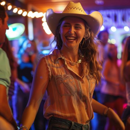 Smiling woman in a cowboy hat dancing and enjoying herself in a lively, colorful dance hall.